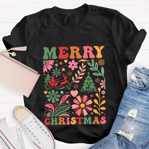 Colorful Flowers Holiday Trees Tee, Christmas Floral Tree Shirt, Botanical Xmas Graphic T-Shirt, Festive Winter Holiday Appar