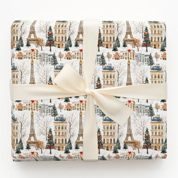 Snowy Eiffel Tower Gift Wrap, Paris Christmas Wrapping Paper, French Cityscape Wrapping Paper, Holiday Travel Present Paper R