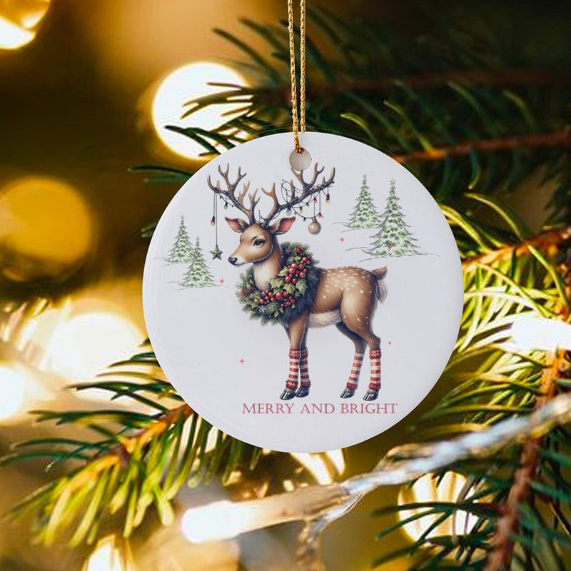 Whimsical Deer Leg Warmers Ornament, Merry and Bright Reindeer Ornament, Ceramic Christmas Tree Ornament, Adorable Holiday Keepsake Present