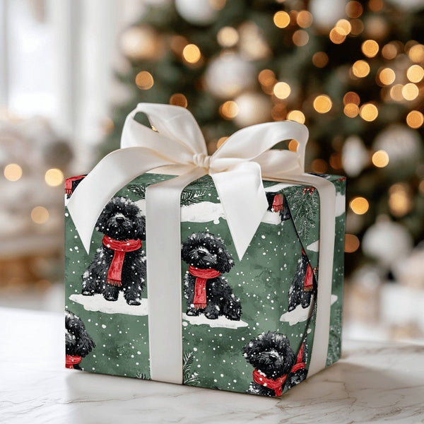 Festive Holiday Dog Wrapping Paper, Black Poodle Christmas Wrapping Paper, Winter Scarf Puppy Gift Wrap, Dog Gift Wrap, Dog L