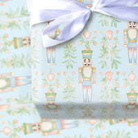 Christmas Soldier Holiday Gift Wrap, Watercolor Nutcracker Wrapping Paper, Pastel Floral Wrapping Paper, Light Blue Festive Gift Wrap Roll