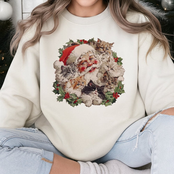 Adorable Cat Lover Holiday Sweatshirt, Santa Kittens Christmas Sweatshirt, Vintage Kitten Crewneck Sweatshirt, Humorous Xmas 