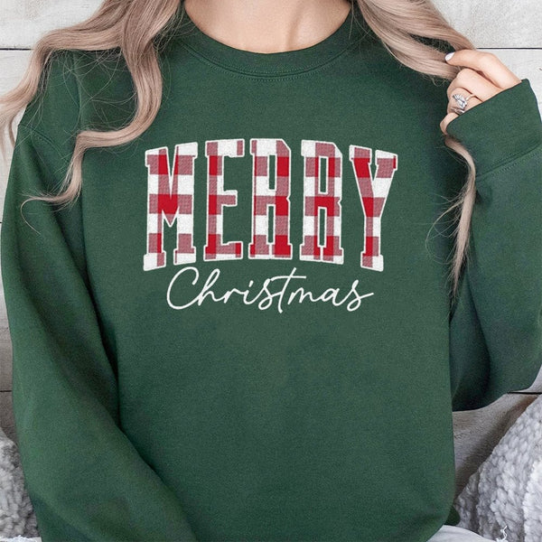 Red Plaid Buffalo Check Sweatshirt, Merry Christmas Sweatshirt, Plaid Holiday Sweater, Adorable Christmas Crewneck, Comfy Win
