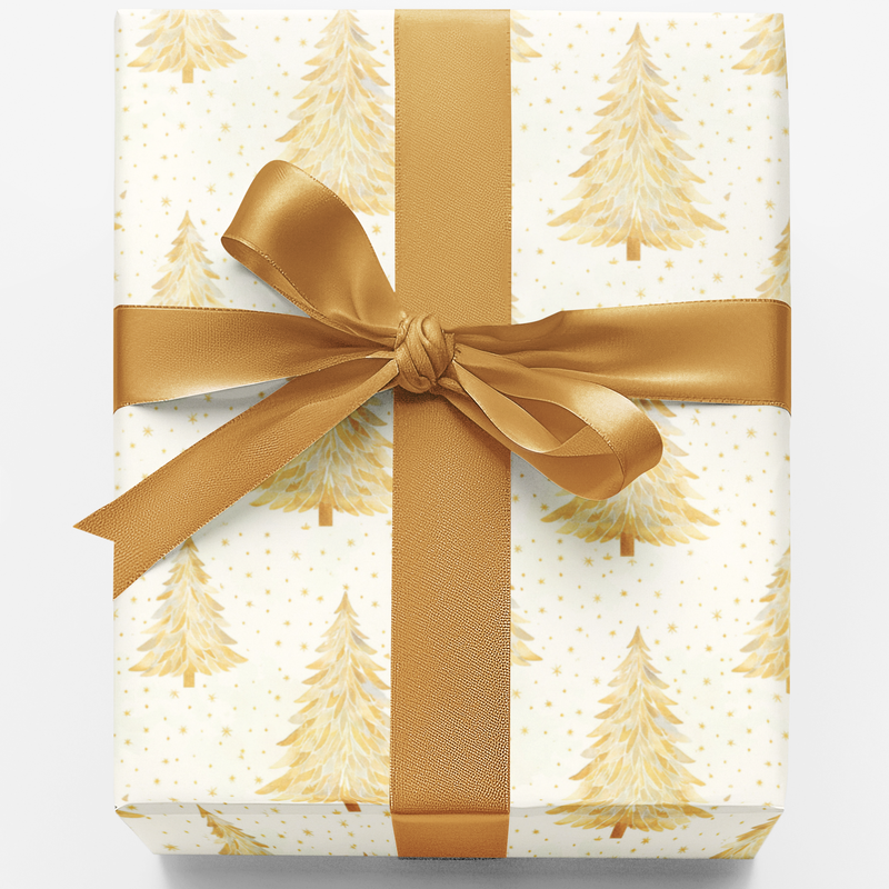 Elegant Christmas Tree Gift Wrap, Gold Watercolor Pine Tree Wrapping Paper, Winter Evergreen Holiday Gift Wrap, Festive Xmas Wrapping Paper