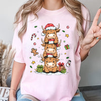 Adorable Farm Animal Holiday Graphic Tee, Stacked Highland Cow Christmas T-Shirt, Festive Winter Cattle Shirt, Xmas Graphic T-Shirt