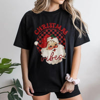 Retro Santa Buffalo Plaid Shirt, Christmas Vibes T-Shirt, Vintage Holiday Graphic Tee, Festive Buffalo Plaid Christmas Tee Present
