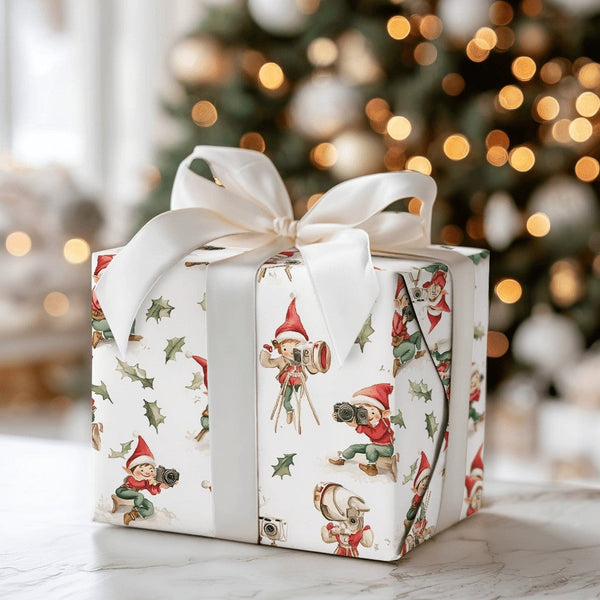 Vintage Camera Holiday Gift Wrap, Photographer Elf Christmas Wrapping Paper, Whimsical Elves Wrapping Paper, Adorable Xmas Gi
