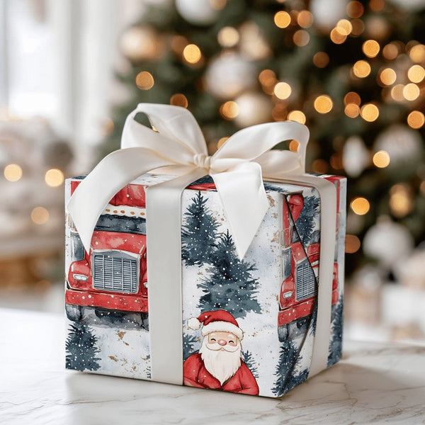Big Rig Christmas Gift Wrap, Red Semi Truck Santa Wrapping Paper, Trucker Holiday Wrapping Paper, Winter Big Rig Festive Gift