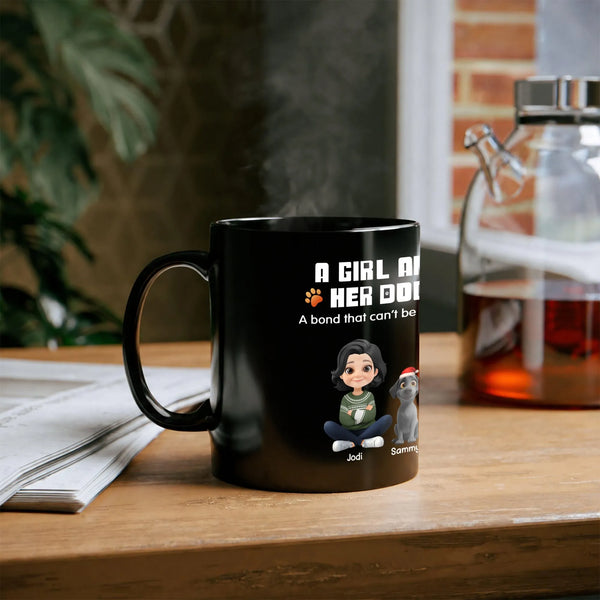 Custom Girl and Dog Illustration Mug, Personalized Dog Mom Christmas Mug, Holiday Pet Owner Coffee Cup, Christmas Present for