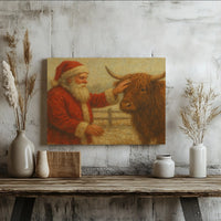 Vintage Farmhouse Christmas Canvas Print, Santa Claus with Highland Cow Canvas Art, Rustic Holiday Cattle Wall Decor, Xmas Home Decor Present