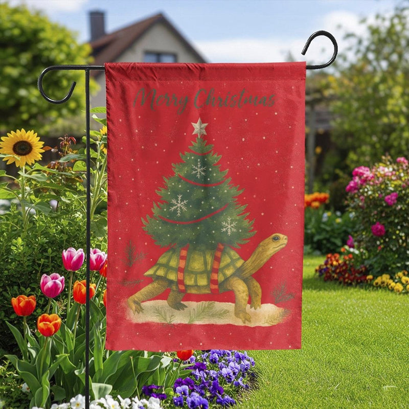 Humorous Animal Yard Flag, Turtle Christmas Tree Garden Flag, Festive Holiday Lawn Flag, Adorable Outdoor Flag Decor, Winter Seasonal Lawn Present
