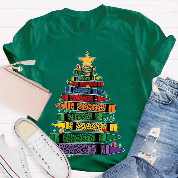 Art Teacher T-Shirt, Colored Pencils Leopard Christmas Tree Shirt, Holiday Graphic Tee, Festive Art Teacher Shirt, Christmas 