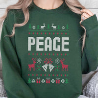 Festive Reindeer Pattern Sweater, Peace Ugly Christmas Sweatshirt, Comfy Holiday Season Crewneck, Retro Winter Xmas Pullover