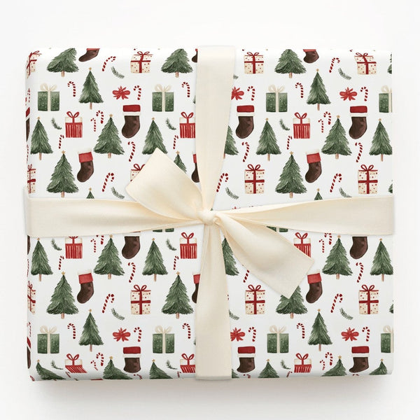 Stocking Candy Cane Gift Wrap, Watercolor Christmas Tree Wrapping Paper, Traditional Holiday Wrapping Paper, Festive Gift Wra
