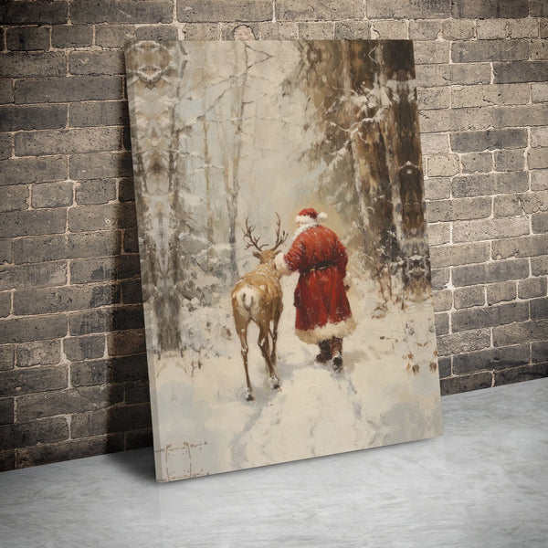 Snowy Forest Reindeer Canvas Print, Vintage Santa Claus Canvas Wall Art, Christmas Holiday Wall Decor, Vintage Santa Canvas A