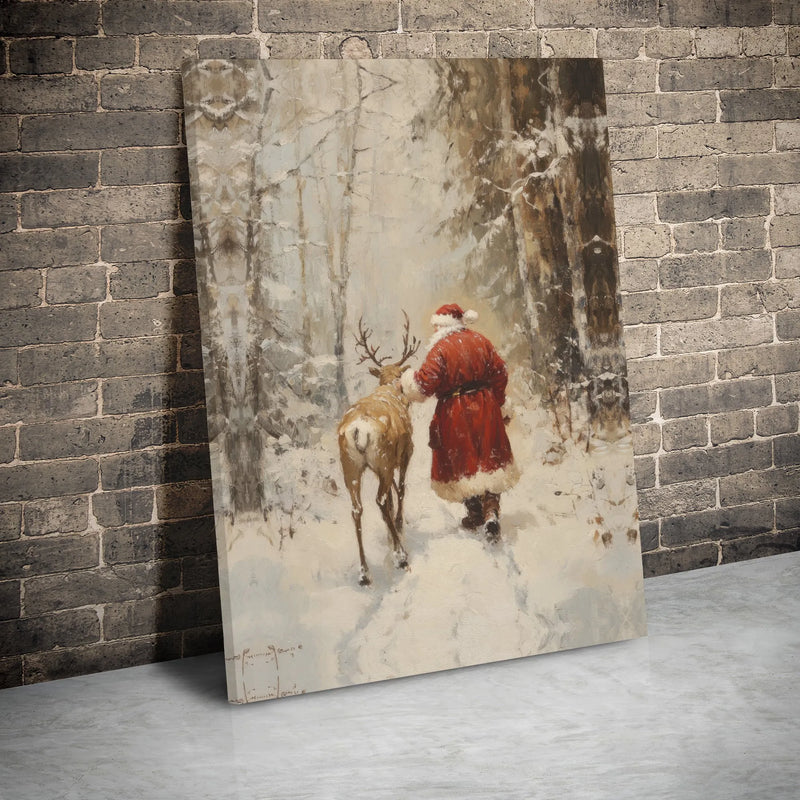 Snowy Forest Reindeer Canvas Print, Vintage Santa Claus Canvas Wall Art, Christmas Holiday Wall Decor, Vintage Santa Canvas Art, Xmas Present