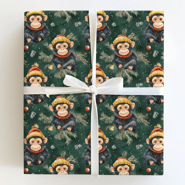 Winter Animal Holiday Wrapping Paper, Watercolor Christmas Monkey Wrapping Paper, Pine Tree Monkey Gift Wrap, Xmas Gift Wrapp