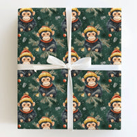 Winter Animal Holiday Wrapping Paper, Watercolor Christmas Monkey Wrapping Paper, Pine Tree Monkey Gift Wrap, Xmas Gift Wrapping Paper
