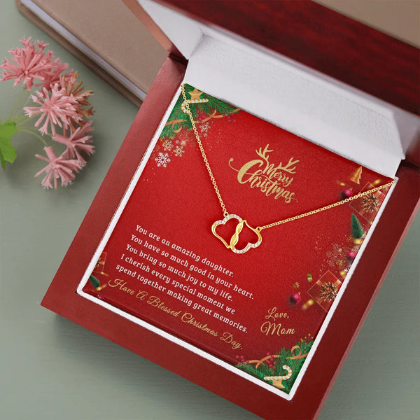 10k Solid Gold Diamond Pendant, Interlocking Hearts Daughter Necklace, Double Heart Necklace, Luxury LED Box, Christmas Prese