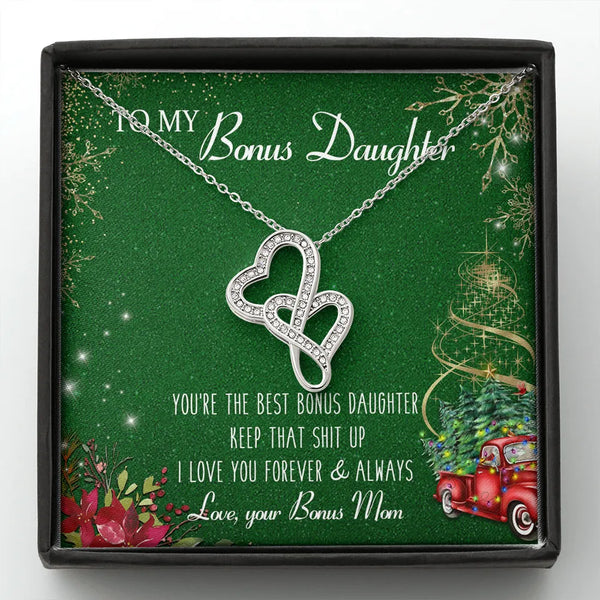 14K White Gold Finish Heart Jewelry, Bonus Daughter Double Heart Necklace, Stepdaughter Christmas Necklace, Meaningful Presen