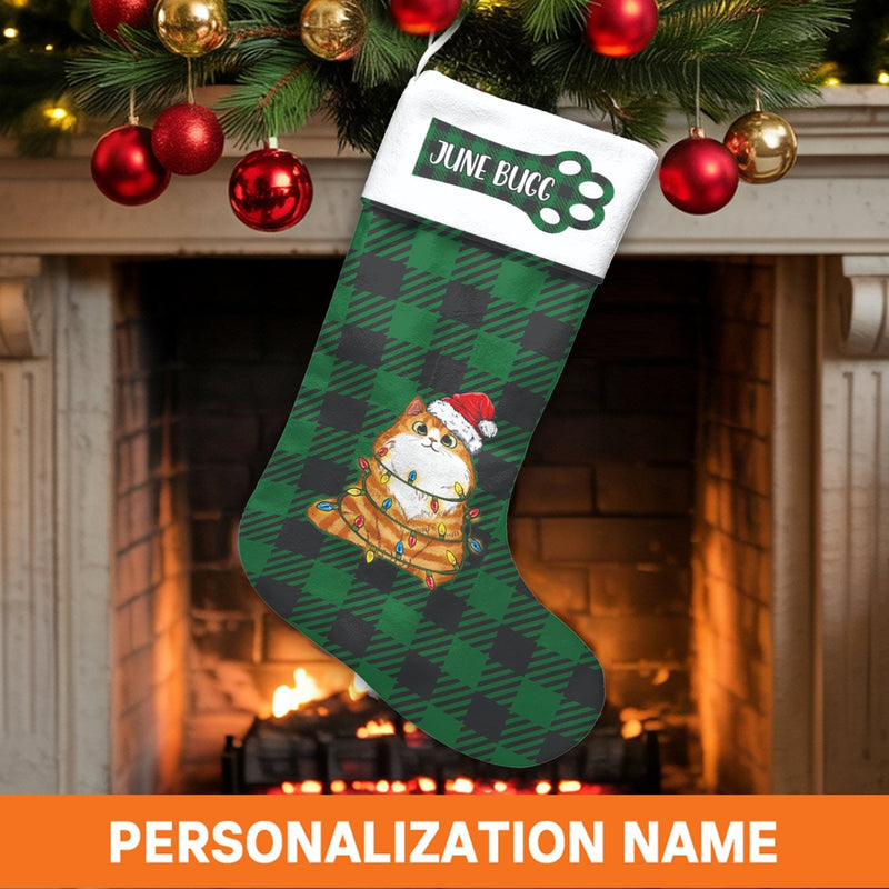 Green Buffalo Plaid Santa Cat Stocking, Personalized Cat Christmas Stocking, Custom Name Pet Holiday Stocking, Cat Lover Xmas Present Decor