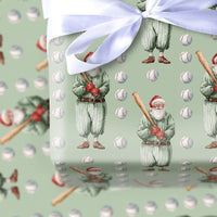 Vintage Baseball Gift Wrap, Baseball Santa Wrapping Paper, Sage Green Holiday Wrapping Paper, Sports Fan Christmas Gift Wrap Roll