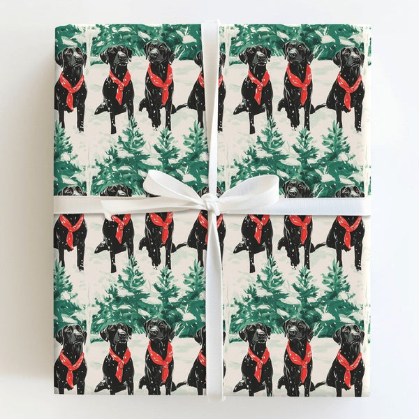 Red Scarf Dog Holiday Gift Wrap, Black Labrador Wrapping Paper, Snowy Winter Christmas Wrapping Paper, Dog Lover Wrapping Pap