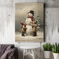 Children Building Snowman Canvas Print, Vintage Christmas Canvas Wall Art, Retro Holiday Snowman Canvas, Winter Wall Decor Christmas Present