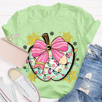 Festive Teacher Holiday Shirt, Christmas Lights Snowflakes Bow Apple T-Shirt, Adorable Coquette Winter Graphic Tee, Xmas Present for Her