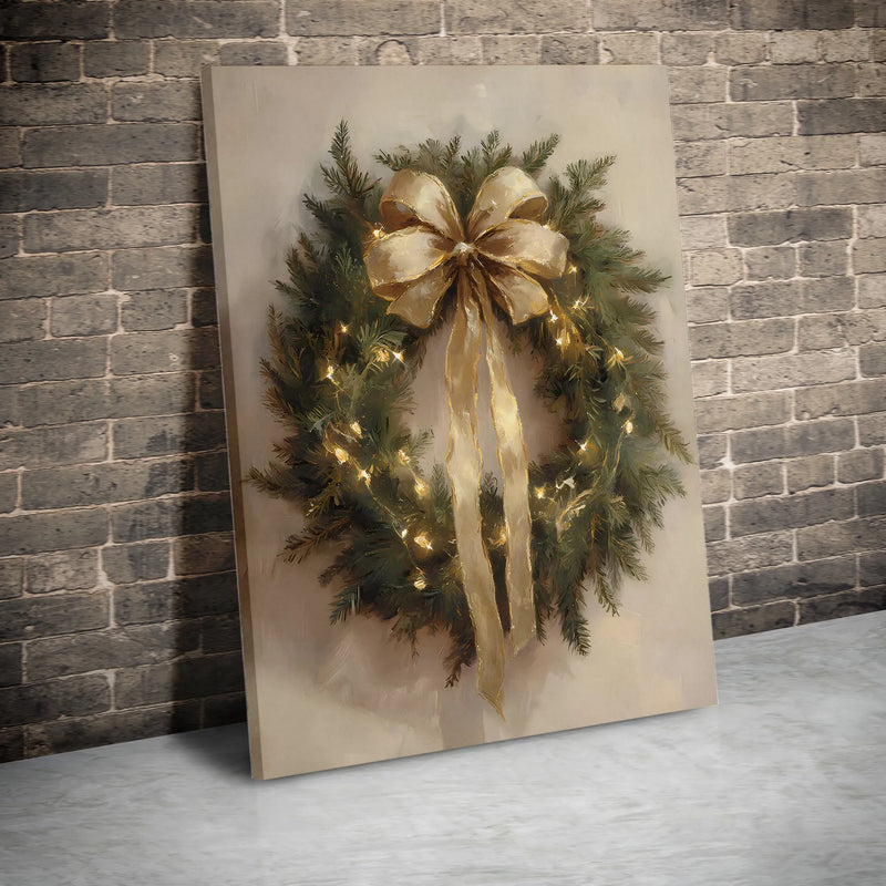 Holiday Fairy Lights Canvas Print, Christmas Wreath Gold Bow Canvas Wall Art, Winter Botanical Wall Decor, Digital Download Holiday Art Present