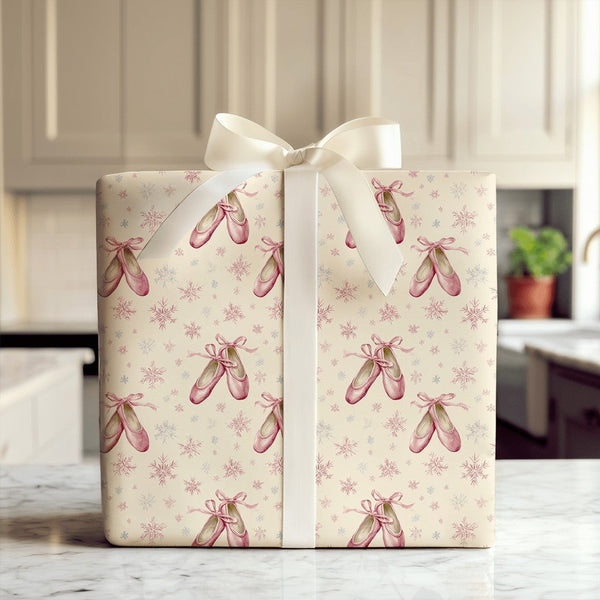 Pink Pointe Shoes Christmas Gift Wrap, Ballet Slipper Wrapping Paper, Dancer Snowflake Wrapping Paper, Ballerina Holiday Gift