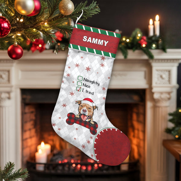 Naughty Nice I Tried Checklist Stocking, Personalized Pitbull Christmas Stocking, Custom Dog Holiday Stocking, Pet Lover Chri