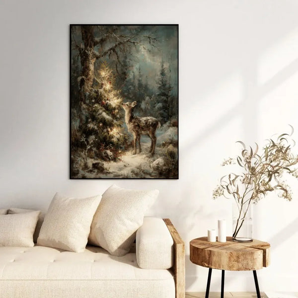 Vintage Woodland Fawn Lit Tree Painting, Christmas Deer Wall Art, Holiday Fawn Print, Comfy Winter Forest Poster, Christmas D