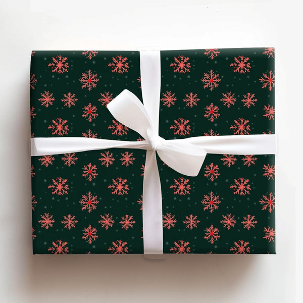 Dark Green Holiday Gift Wrap, Red Snowflake Wrapping Paper, Coral Red Winter Snowflake Wrapping Paper, Christmas Present Wrap