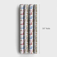 Fireplace Mantel Gift Wrap, Ice Skate Christmas Wrapping Paper, Watercolor Winter Skater Wrapping Paper, Holiday Gift Wrap Roll