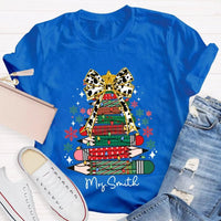 Bow and Colored Pencil Holiday Graphic Tee, Personalized Christmas Tree T-Shirt, Custom Teacher Christmas Shirt, Adorable School Holiday Tee
