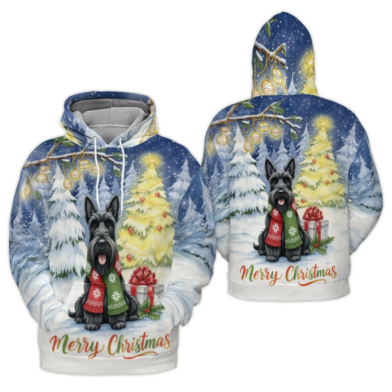 Scottie Dog Winter Scene Hooded Sweatshirt, Scottish Terrier Christmas Hoodie, Festive Xmas Canine Pullover, Pet Lover Holiday Present