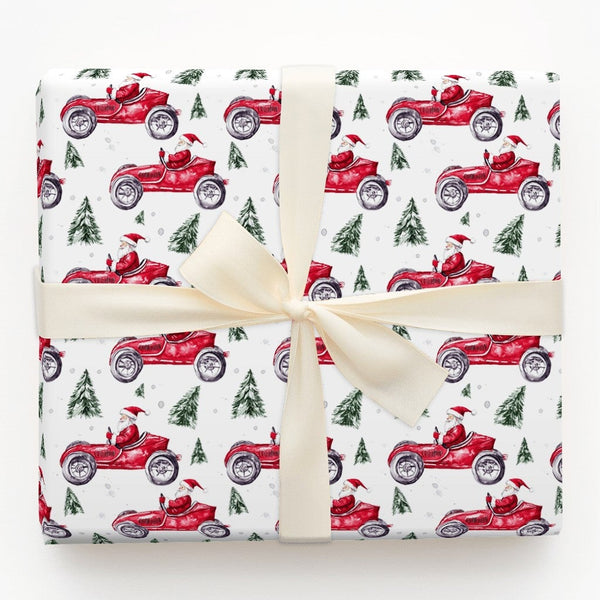 Vintage Car Christmas Gift Wrap, Santa Red Race Car Wrapping Paper, Watercolor Auto Holiday Present Paper, Driver Xmas Gift W
