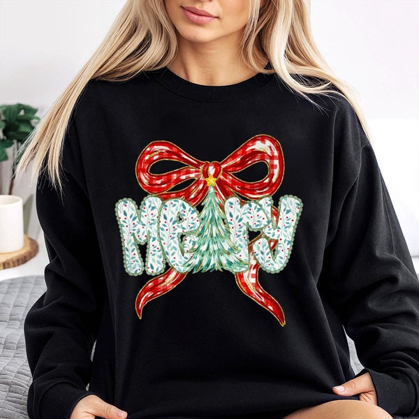 Xmas Tree Bow Sweater, Coquette Christmas Sweatshirt, Merry Christmas Crewneck, Preppy Holiday Sweatshirt, Adorable Winter Pu