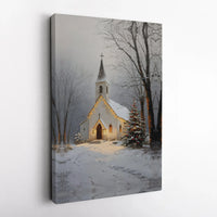 Snowy Christmas Chapel Scene Painting, Winter Church Canvas Wall Art, Religious Holiday Canvas Print, Winter Decor Digital Download