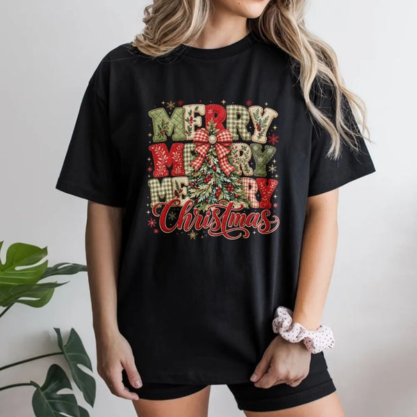 Patchwork Christmas Shirt, Merry Christmas Tree Shirt, Vintage Holiday Graphic Tee, Festive Christmas T-Shirt, Christmas Pres