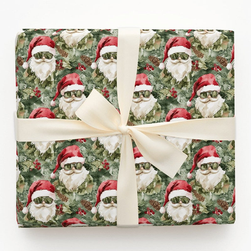 Cool Santa Sunglasses Gift Wrap, Tactical Santa Camouflage Wrapping Paper, Camo Christmas Wrapping Paper, Military Holiday Wrapping Paper