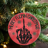 Humorous Rude Skeleton Ornament, Merry Fuckn Christmas Ornament, Middle Finger Holiday Ornament, Edgy Humorous Ceramic Xmas Tree Ornament