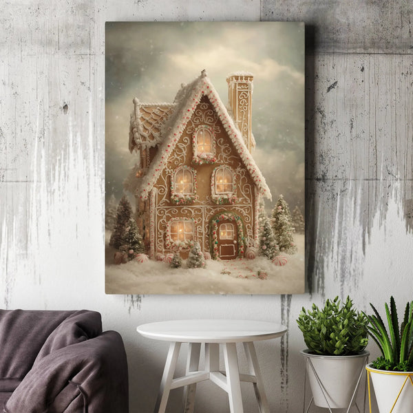 Snowy Holiday Canvas Decor, Gingerbread House Christmas Canvas Wall Art, Winter Wonderland Print, Festive Xmas Present for Fa
