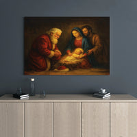 Religious Nativity Scene Canvas Wall Art, Santa Kneeling at Manger Canvas Print, Christian Santa Christmas Canvas Decor, Holy Family Present