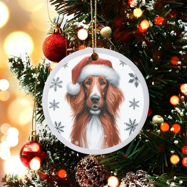 Red Setter Christmas Ornament, Irish Setter Santa Hat Ceramic Ornament, Adorable Dog Lover Holiday Ornament, Glossy Xmas Tree
