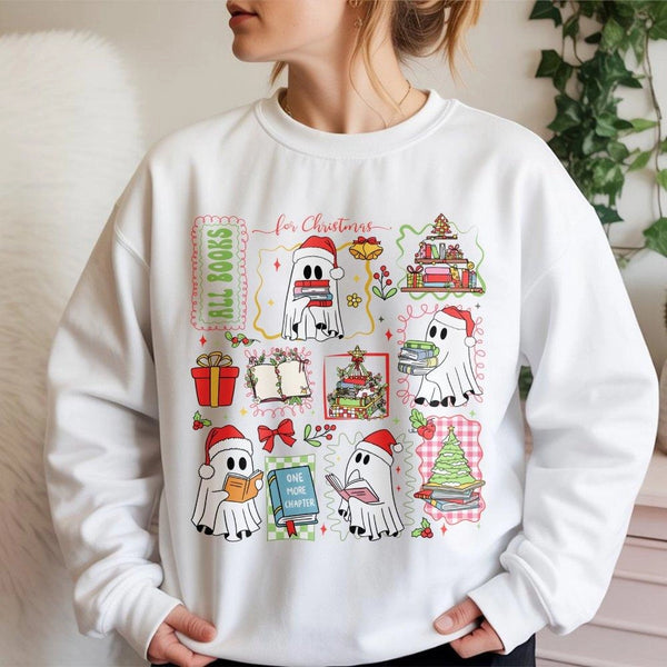 Book Lover Holiday Sweater, Reading Ghost Christmas Sweatshirt, Adorable Spooky Bookish Crewneck, Librarian Xmas Sweatshirt, 