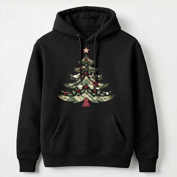 Festive Holiday Graphic Hooded Sweatshirt, Vintage Plaid Christmas Tree Hoodie, Comfy Winter Tree Pullover, Xmas Holiday Seas