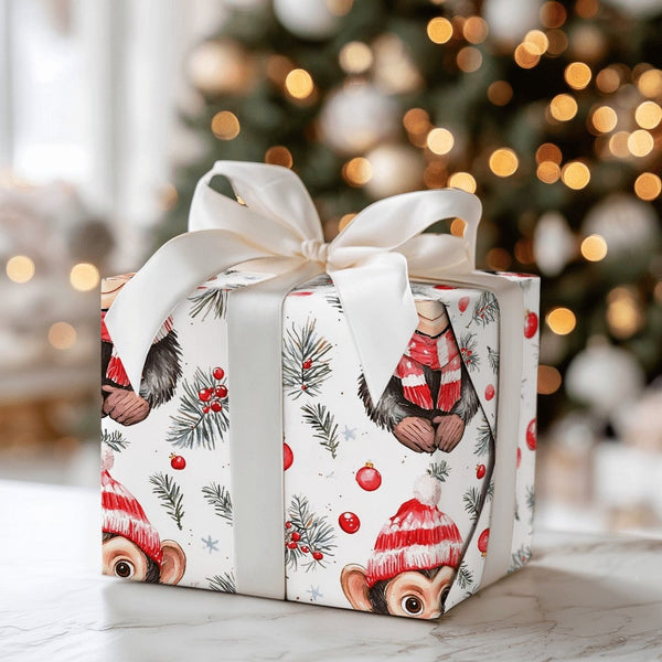 Watercolor Animal Holiday Gift Wrap, Adorable Christmas Monkey Wrapping Paper, Winter Hat Monkey Wrapping Paper, Festive Pine