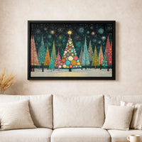 Colorful Night Snow Forest Print, Whimsical Christmas Tree Canvas Wall Art, Festive Holiday Decor, Digital Download Printable